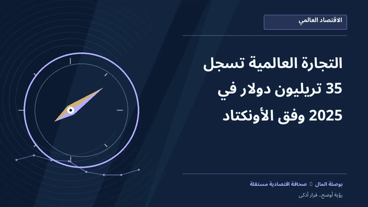 رسم معلوماتي تحريري توضيحي لموضوع التجارة العالمية تسجل 35 تريليون دولار في 2025 وفق الأونكتاد