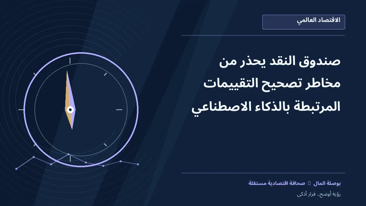 رسم معلوماتي تحريري توضيحي لموضوع صندوق النقد يحذر من مخاطر تصحيح التقييمات المرتبطة بالذكاء الاصطناعي